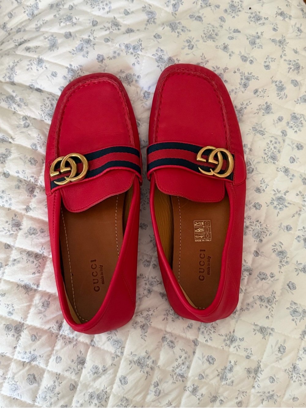 Gucci Red Leather Loafers with Navy-Red Web & Gold Horsebit